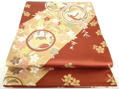 平和屋着物◎六通柄袋帯　唐織　向かい鳥花丸文　枝垂れ桜　金糸　鈴乃屋扱い　正絹　逸品　DAAZ5597ea