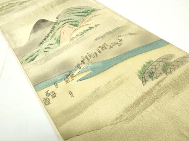 平和屋着物◎六通柄袋帯　手描き　風景文　金糸　正絹　逸品　DAAZ5628ea