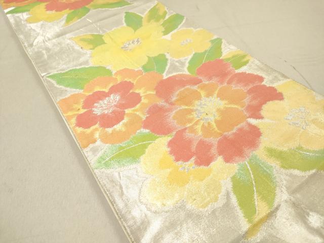 平和屋着物◎六通柄袋帯 草花文 銀糸 正絹 逸品 DAAZ5654ea