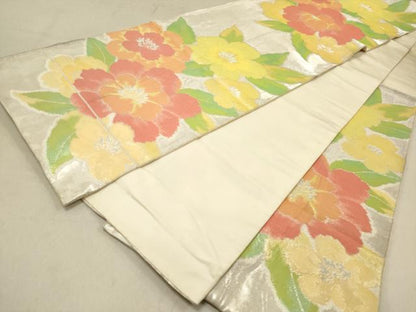 平和屋着物◎六通柄袋帯 草花文 銀糸 正絹 逸品 DAAZ5654ea
