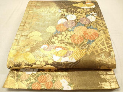 平和屋着物◎六通柄袋帯 鴛鴦籬花文 花筏 金糸 引箔 正絹 逸品 DAAZ5656ea