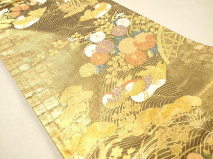 平和屋着物◎六通柄袋帯 鴛鴦籬花文 花筏 金糸 引箔 正絹 逸品 DAAZ5656ea