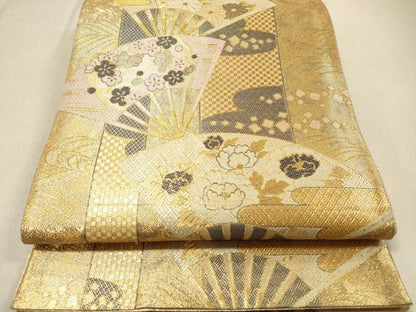 平和屋着物◎佐賀錦 六通柄袋帯 扇面花文 金糸 正絹 逸品 DAAZ5659ea