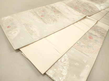平和屋着物◎六通柄袋帯 花丸文 銀糸 正絹 逸品 DAAZ5665ea