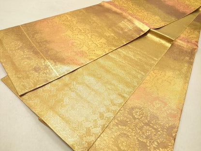 平和屋着物◎佐賀錦 全通柄袋帯 段彩唐草文 金糸 正絹 逸品 DAAZ5666ea