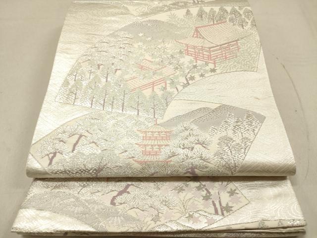 平和屋着物◎六通柄袋帯 地紙取り風景文 銀糸 正絹 逸品 DAAZ5674ea