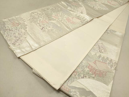 平和屋着物◎六通柄袋帯 地紙取り風景文 銀糸 正絹 逸品 DAAZ5674ea