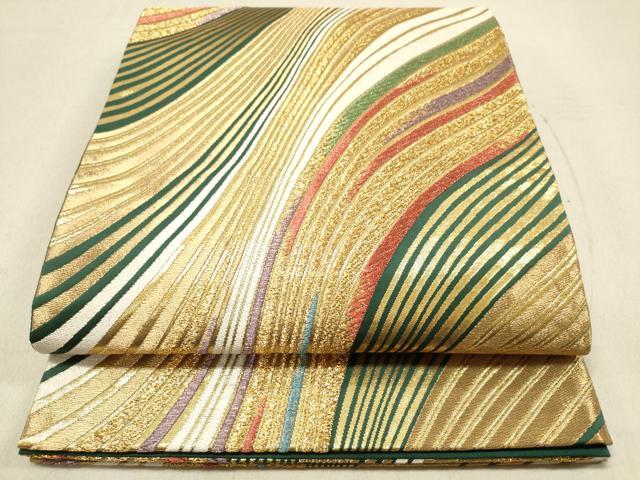 平和屋着物◎六通柄袋帯 よろけ縞 金糸 正絹 逸品 DAAZ5675ea