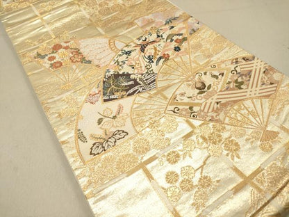 平和屋着物◎六通柄袋帯　唐織　格天井扇面花文　鳳凰　金糸　正絹　逸品　DAAZ5685ea