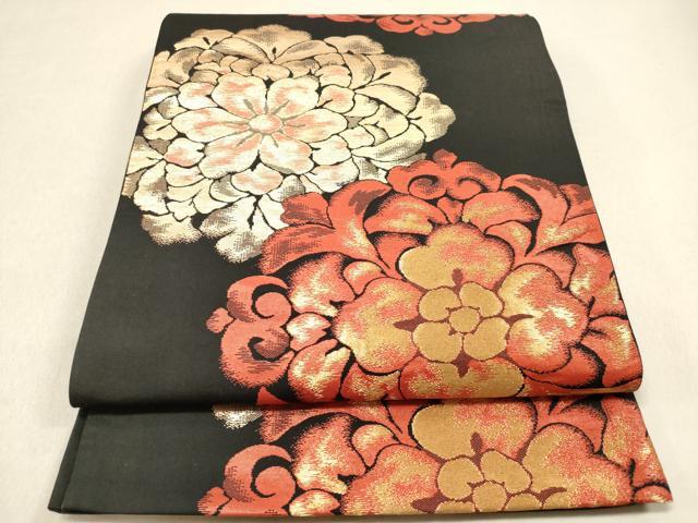 平和屋着物◎六通柄袋帯 正倉院花文 黒地 金糸 正絹