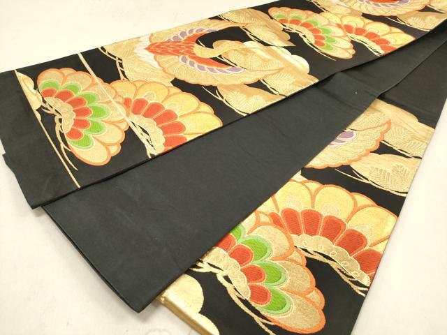 平和屋着物◎六通柄袋帯 唐織 飛鶴松文 黒地 金銀糸 正絹 逸品 DAAZ5700ea