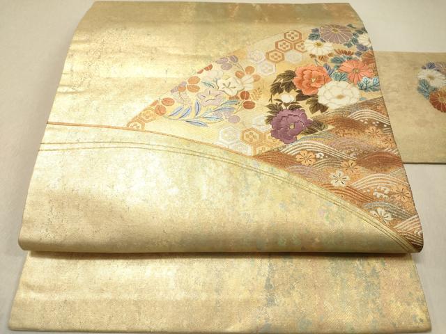平和屋着物◎九寸名古屋帯　手描き　刺繍　亀甲花文　金銀彩　引箔　正絹　逸品　DAAZ5717ea