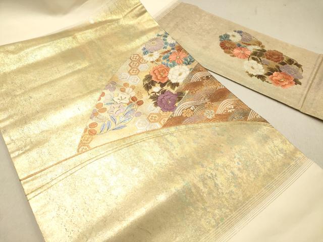 平和屋着物◎九寸名古屋帯　手描き　刺繍　亀甲花文　金銀彩　引箔　正絹　逸品　DAAZ5717ea