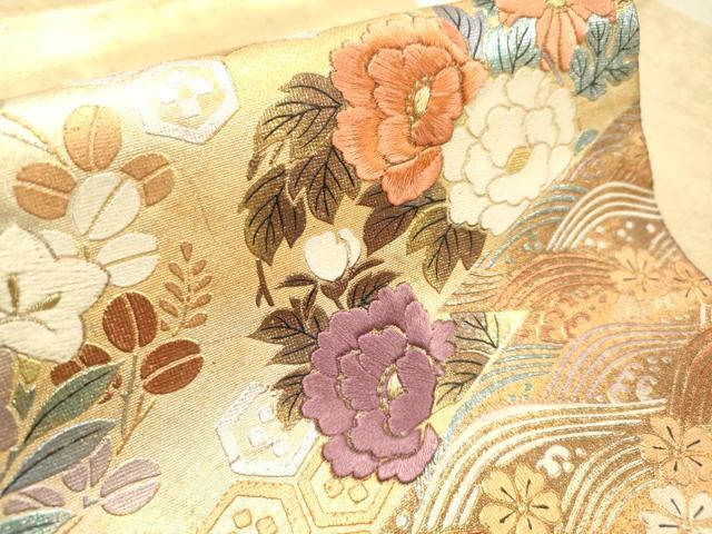 平和屋着物◎九寸名古屋帯　手描き　刺繍　亀甲花文　金銀彩　引箔　正絹　逸品　DAAZ5717ea