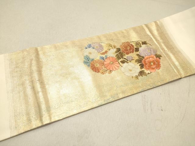 平和屋着物◎九寸名古屋帯　手描き　刺繍　亀甲花文　金銀彩　引箔　正絹　逸品　DAAZ5717ea