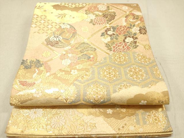 平和屋着物◎六通柄袋帯 重ね山吉祥花松文 飛鶴 金糸