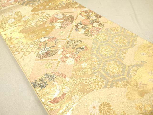 平和屋着物◎六通柄袋帯 重ね山吉祥花松文 飛鶴 金糸