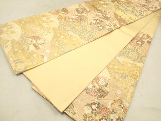 平和屋着物◎六通柄袋帯 重ね山吉祥花松文 飛鶴 金糸