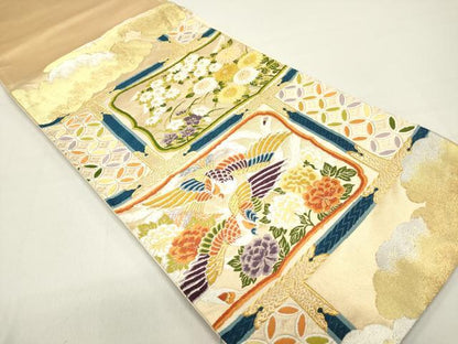 平和屋着物◎太鼓柄袋帯 唐織 格天井鳳凰花文 金銀糸 正絹 逸品 DAAZ5742ea