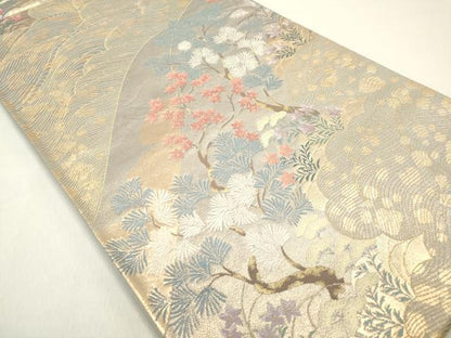 平和屋着物◎六通柄袋帯 雲取り秋草文 金糸 正絹 逸品 DAAZ5743ea