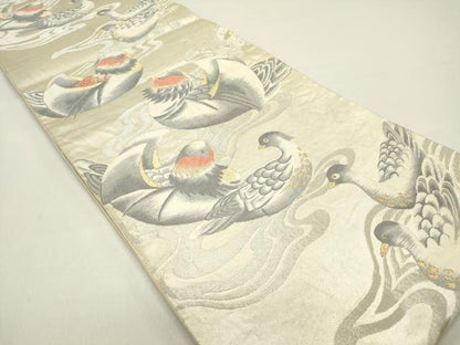 平和屋着物◎六通柄袋帯 流水鴛鴦文 群れ鳥 金銀糸 正絹 逸品 DAAZ5749ea