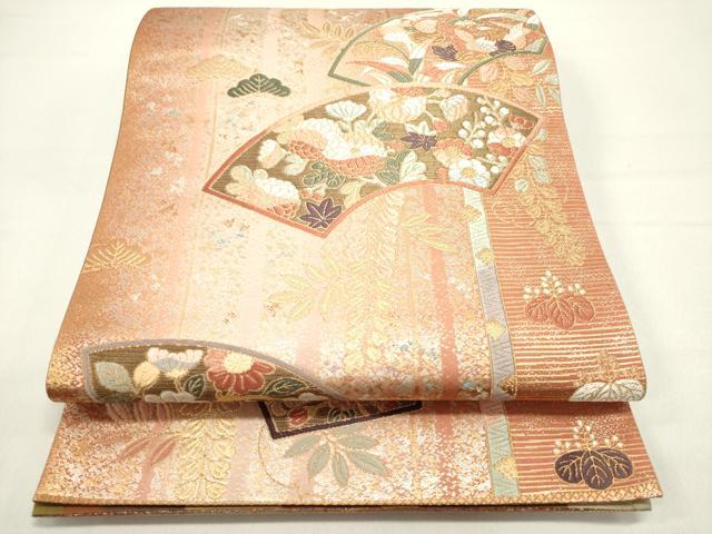 平和屋着物◎両面 六通柄袋帯 唐織 地紙重ね花鳥松文 金銀糸 正絹 逸品 DAAZ5750ea