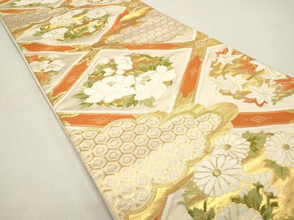 平和屋着物◎六通柄袋帯 唐織 雲取り格天井花丸文 金糸 正絹 逸品 DAAZ5760ea
