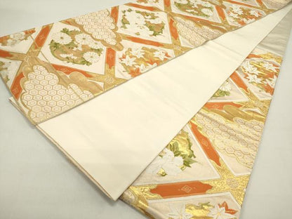 平和屋着物◎六通柄袋帯 唐織 雲取り格天井花丸文 金糸 正絹 逸品 DAAZ5760ea