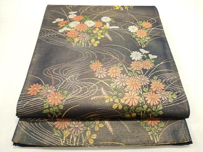 平和屋着物◎西陣 六通柄袋帯 流水菊文 金糸 正絹 逸品 DAAZ5762ea