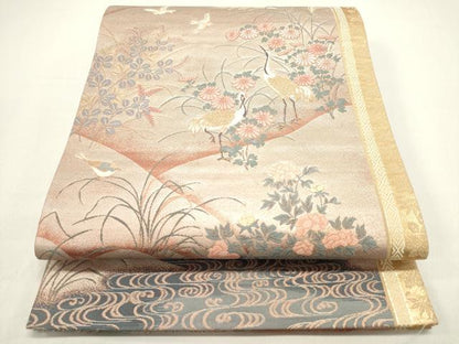 平和屋着物◎六通柄袋帯 ふたみ 屏風絵 群れ鶴秋草文 金糸 正絹 逸品 DAAZ5765ea