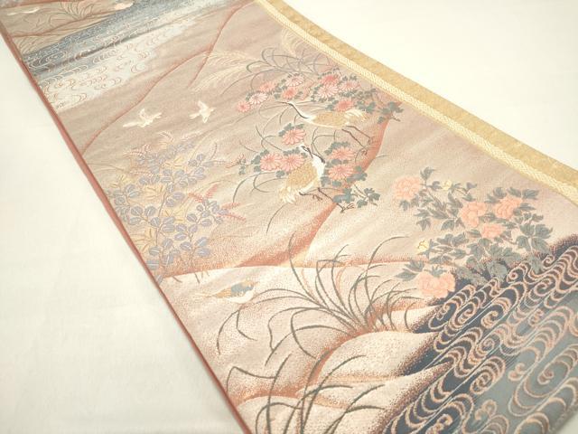 平和屋着物◎六通柄袋帯 ふたみ 屏風絵 群れ鶴秋草文 金糸 正絹 逸品 DAAZ5765ea
