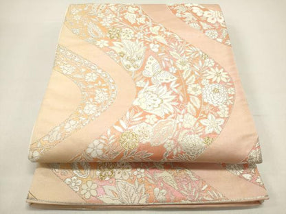 平和屋着物◎六通柄袋帯 サリー帯 流水更紗花鳥文 金糸 正絹 逸品 DAAZ5767ea
