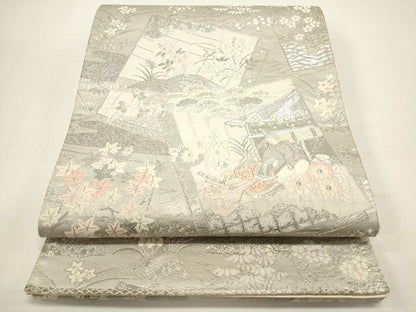 平和屋着物◎六通柄袋帯 唐織 色紙重ね人物花松文 プラチナ箔 正絹 逸品 DAAZ5769ea