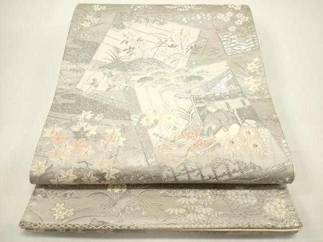 平和屋着物◎六通柄袋帯 唐織 色紙重ね人物花松文 プラチナ箔 正絹 逸品 DAAZ5769ea