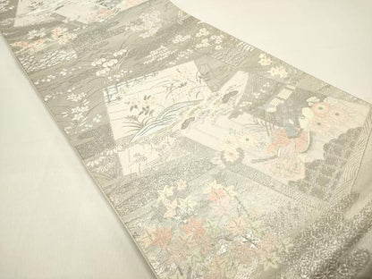 平和屋着物◎六通柄袋帯 唐織 色紙重ね人物花松文 プラチナ箔 正絹 逸品 DAAZ5769ea