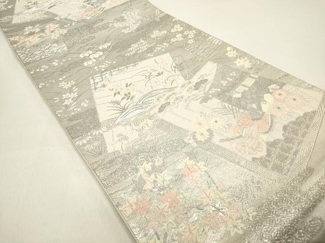 平和屋着物◎六通柄袋帯 唐織 色紙重ね人物花松文 プラチナ箔 正絹 逸品 DAAZ5769ea