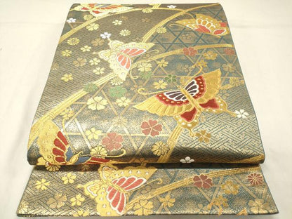 平和屋着物◎六通柄袋帯 唐織 花蝶籬文 金糸 正絹 逸品 DAAZ5797ea