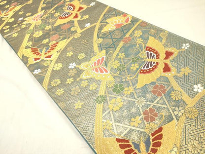 平和屋着物◎六通柄袋帯 唐織 花蝶籬文 金糸 正絹 逸品 DAAZ5797ea