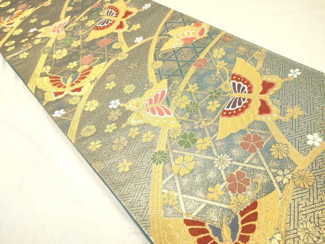 平和屋着物◎六通柄袋帯 唐織 花蝶籬文 金糸 正絹 逸品 DAAZ5797ea