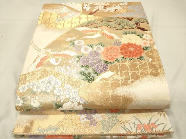 平和屋着物◎六通柄袋帯 唐織 地紙飛鶴花文 松竹梅 金銀糸 正絹 逸品 DAAZ5806ea