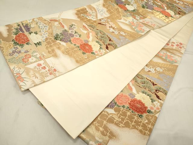 平和屋着物◎六通柄袋帯 唐織 地紙飛鶴花文 松竹梅 金銀糸 正絹 逸品 DAAZ5806ea