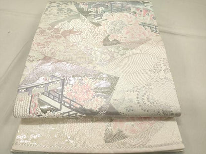 平和屋着物◎六通柄袋帯 唐織 九百錦 色紙重ね風景花松文 屏風 プラチナ箔 正絹 逸品 DAAZ5820ea