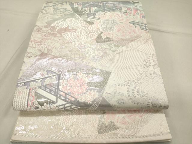 平和屋着物◎六通柄袋帯 唐織 九百錦 色紙重ね風景花松文 屏風 プラチナ箔 正絹 逸品 DAAZ5820ea