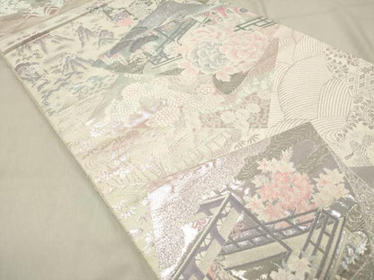 平和屋着物◎六通柄袋帯 唐織 九百錦 色紙重ね風景花松文 屏風 プラチナ箔 正絹 逸品 DAAZ5820ea