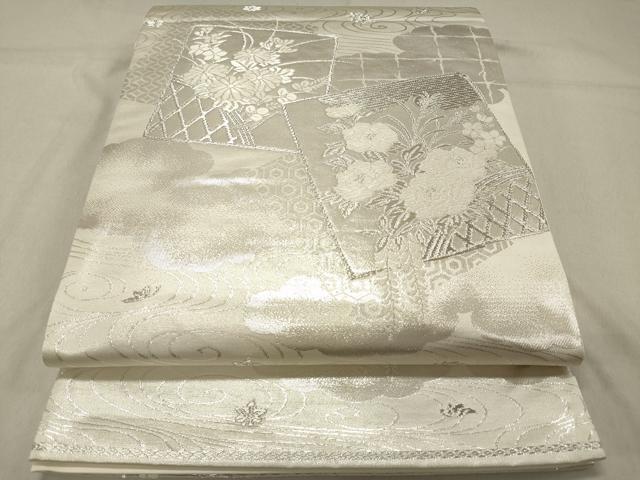 平和屋着物◎六通柄袋帯 美保姿 色紙重ね花籬文 銀糸 正絹 逸品 DAAZ5829ea