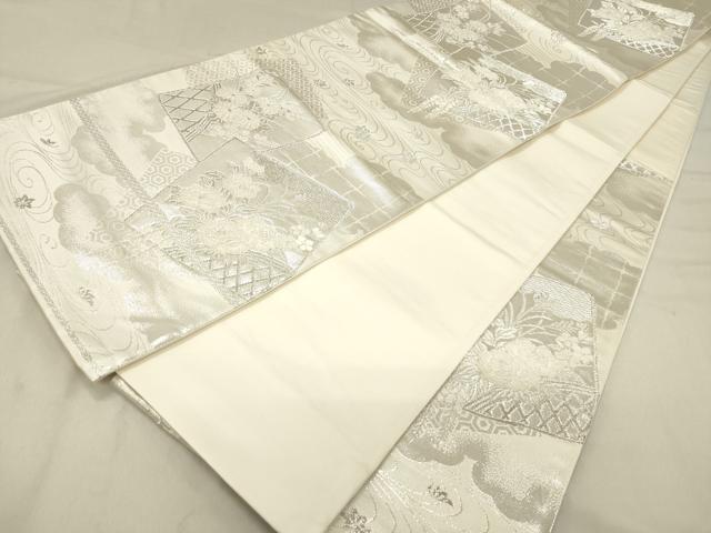 平和屋着物◎六通柄袋帯 美保姿 色紙重ね花籬文 銀糸 正絹 逸品 DAAZ5829ea
