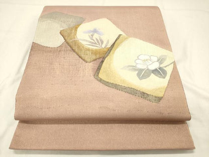 平和屋着物◎太鼓柄袋帯　すくい織　色紙重ね花文　枝椿　金糸　正絹　逸品　DAAZ5840ea