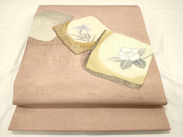 平和屋着物◎太鼓柄袋帯　すくい織　色紙重ね花文　枝椿　金糸　正絹　逸品　DAAZ5840ea