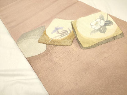平和屋着物◎太鼓柄袋帯　すくい織　色紙重ね花文　枝椿　金糸　正絹　逸品　DAAZ5840ea