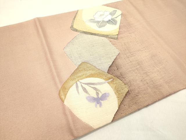 平和屋着物◎太鼓柄袋帯　すくい織　色紙重ね花文　枝椿　金糸　正絹　逸品　DAAZ5840ea